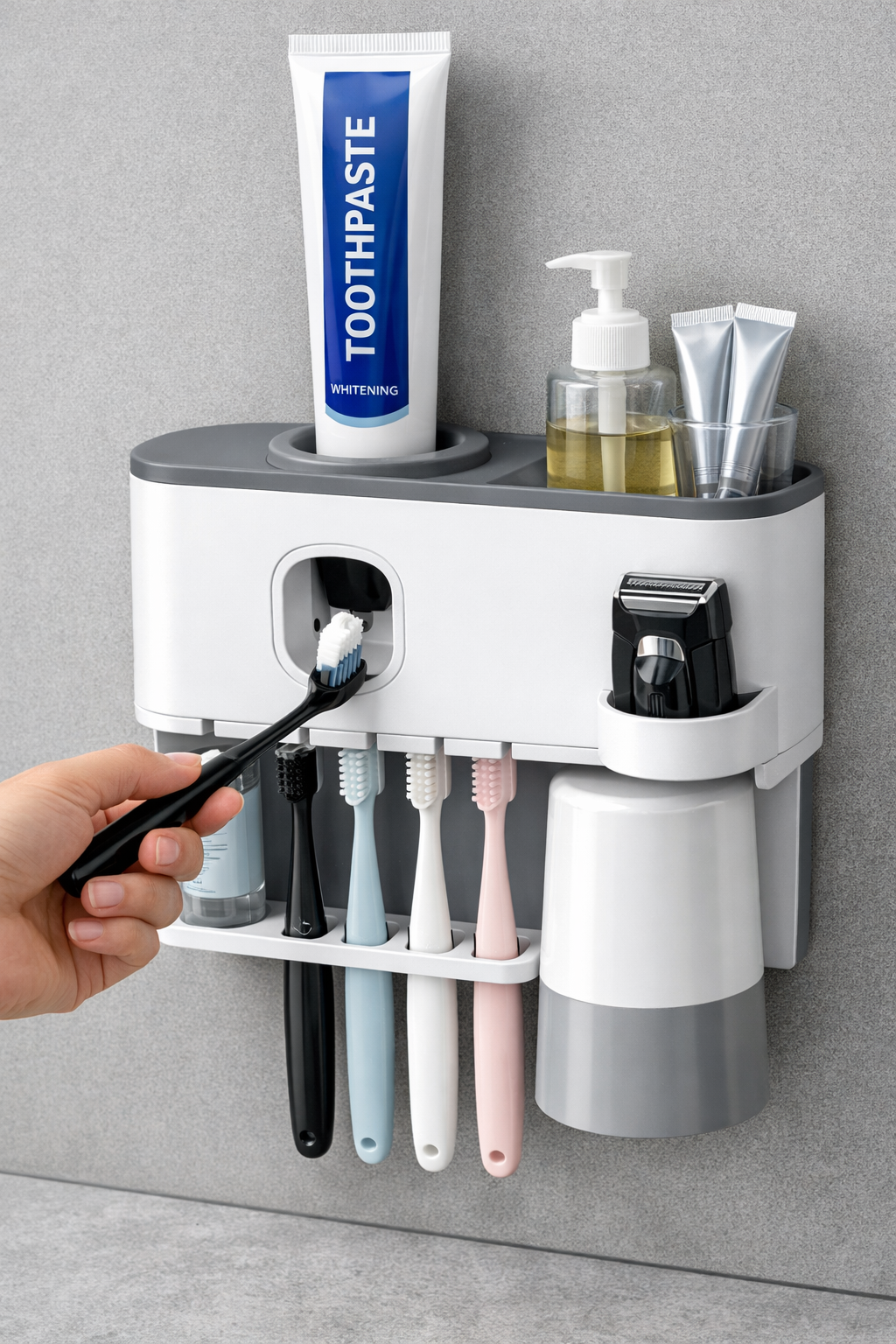 DISPENSADOR DE PASTA DENTAL Y SOPORTE PARA CEPILLO